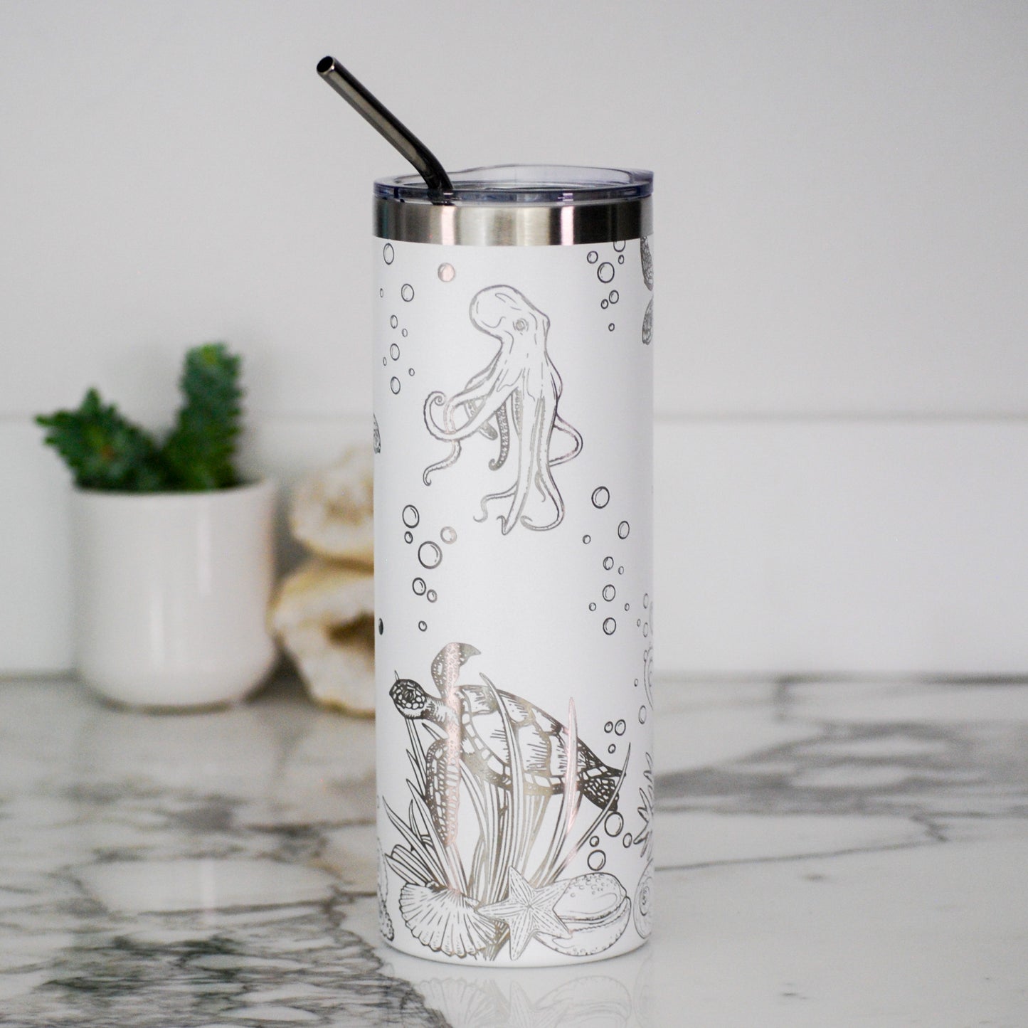 Ocean Life 20oz Skinny Tumbler, 20oz Custom Engraved Tumbler, Full Wrap