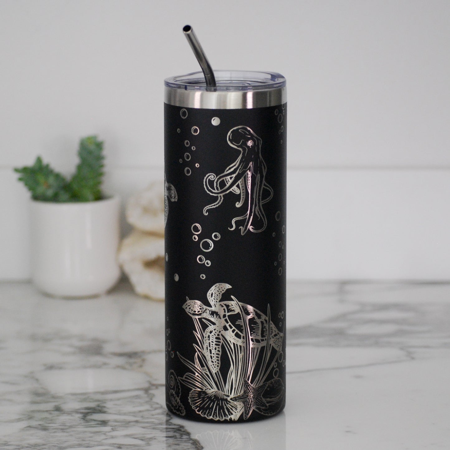 Ocean Life 20oz Skinny Tumbler, 20oz Custom Engraved Tumbler, Full Wrap