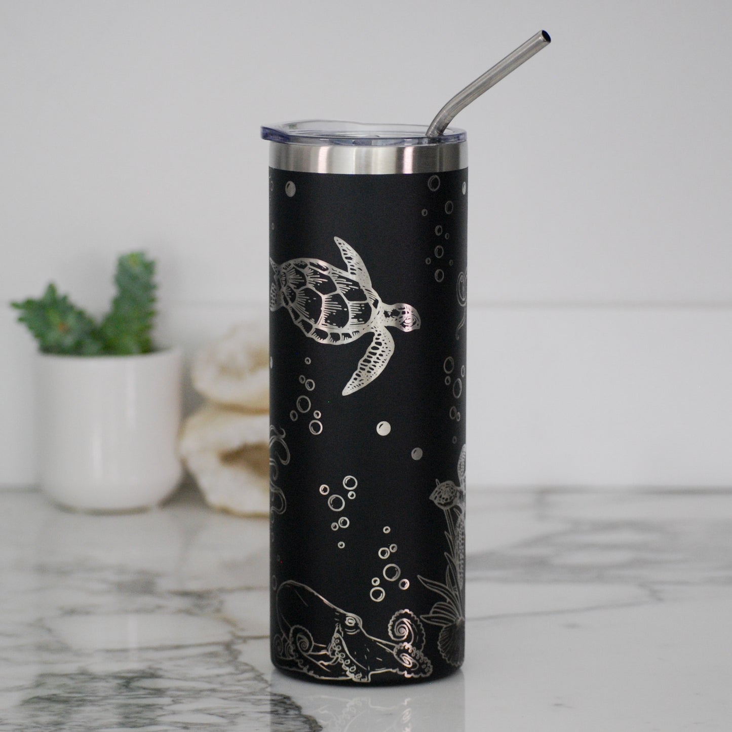 Ocean Life 20oz Skinny Tumbler, 20oz Custom Engraved Tumbler, Full Wrap