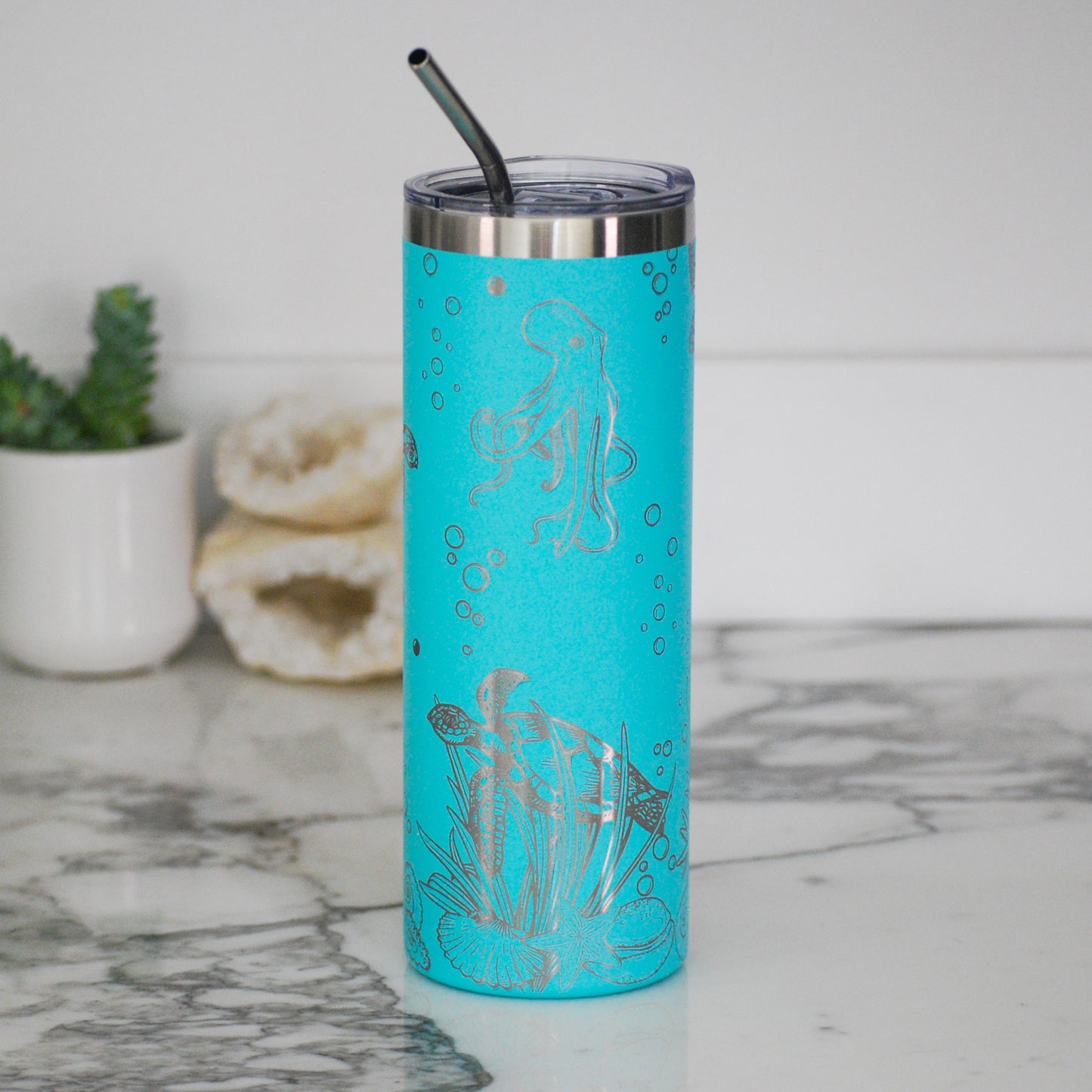 Ocean Life 20oz Skinny Tumbler, 20oz Custom Engraved Tumbler, Full Wrap