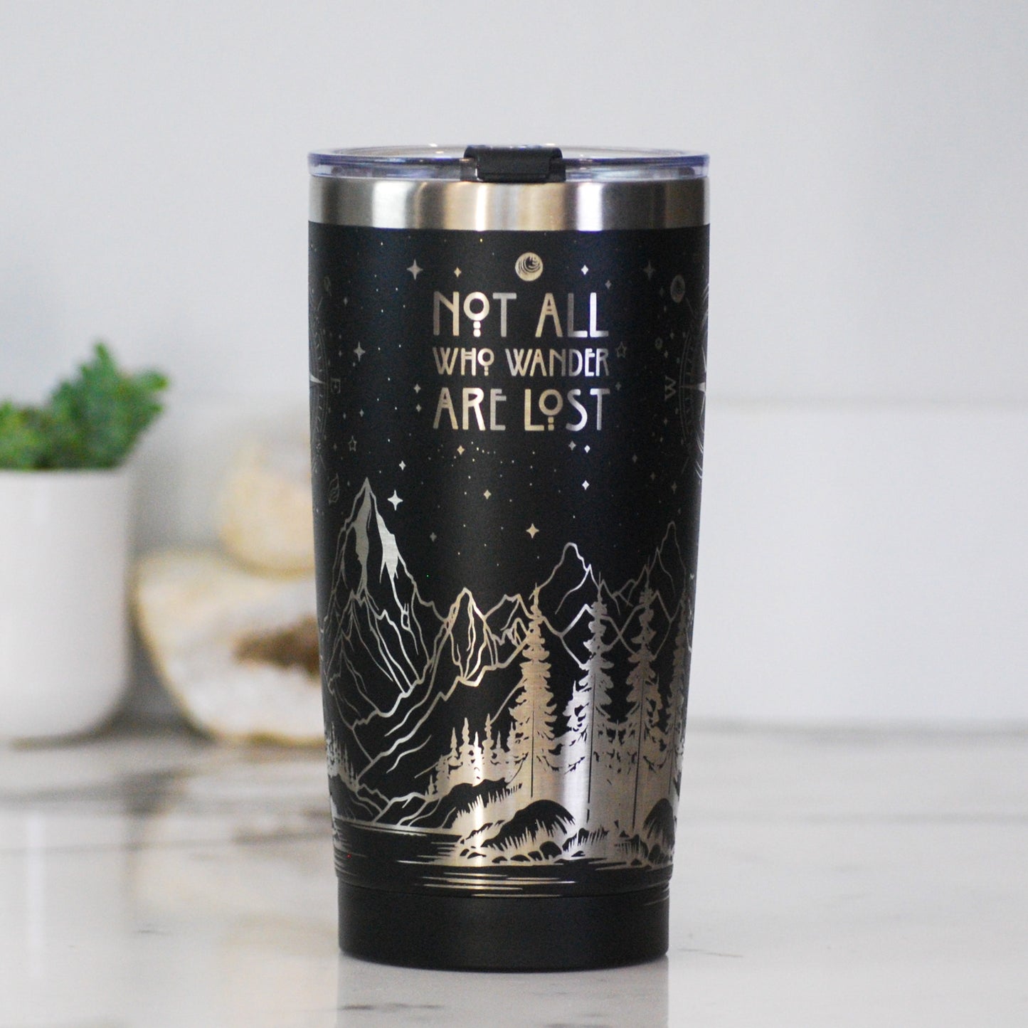 Not All Who Wander Are Lost Engraved Full Wrap 20oz Tumbler, 20oz Custom Engraved Tumbler, Mountain Scene Wrap Tumbler, Nature Full Wrap