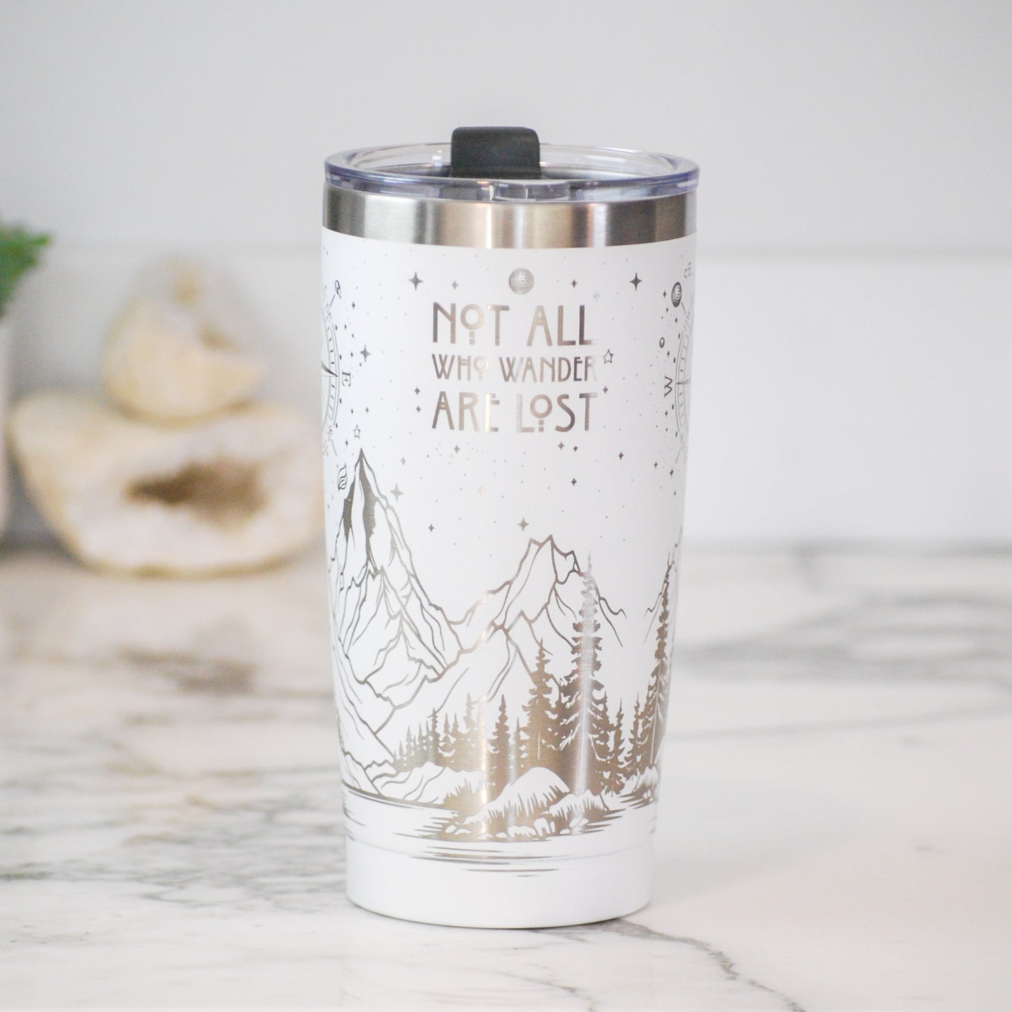 Not All Who Wander Are Lost Engraved Full Wrap 20oz Tumbler, 20oz Custom Engraved Tumbler, Mountain Scene Wrap Tumbler, Nature Full Wrap